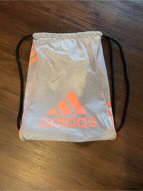 adidas White Drawstring Gym Sack with Coral Logo Accents